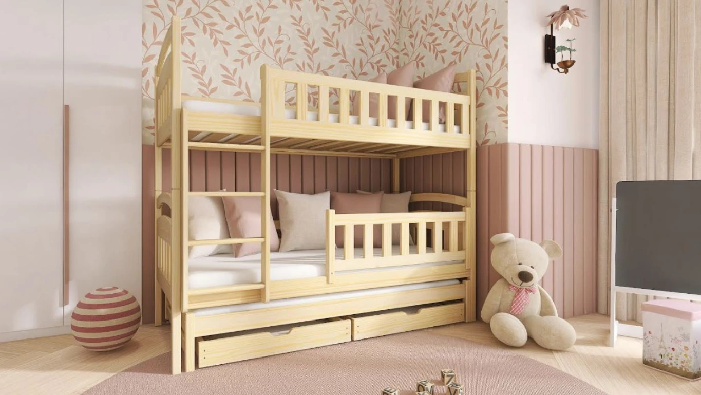 Dětská patrová postel z masivu borovice BOHDANA s přistýlkou a šuplíky - 200x90 cm - PŘÍRODNÍ BOROVICE | e-shop MAXMAX.cz