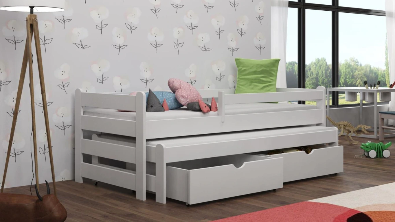 Dětská postel z masivu borovice ALEX s přistýlkou a šuplíky - 200x90 cm - BÍLÁ | e-shop MAXMAX.cz