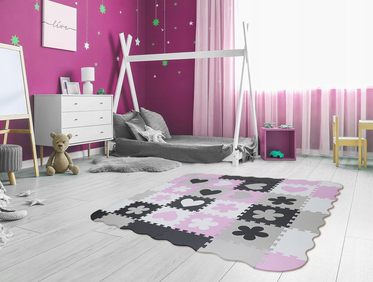 Matadi Pěnové puzzle šedo-růžové Srdce a kytky