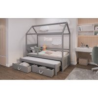 Dětská domečková postel z masivu borovice JONAS II s přistýlkou a šuplíky - 200x90 cm - šedá