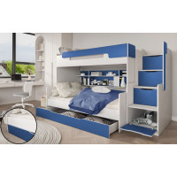 Dětská patrová postel s rozšířeným spodním lůžkem a šuplíkem HARRY bílo-modrá - 200x90/120 cm