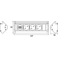 Prodlužovací přívod, 3 zásuvky + 2X USB, 1,5m, 3 x 1mm2, hliník, rohový design