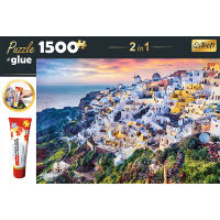 TREFL Sada 2v1 puzzle Nádherný ostrov Santorini, Řecko 1500 dílků s lepidlem