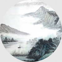 Moderní fototapeta - Horské jezero v mlze - kulatá - 70 cm