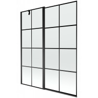 Vanová zástěna MEXEN FLIP 140x150 cm - černá - čiré sklo s černou mřížkou, 894-140-101-70-77