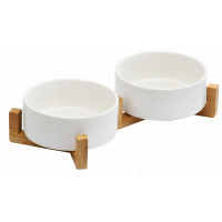 Sada 2 keramických misek s dřevěnou podstavou - 27x13x6,5 cm - bílá/přírodní