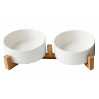 Sada 2 keramických misek s dřevěnou podstavou - 27x13x6,5 cm - bílá/přírodní