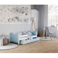 Dětská postel se šuplíkem MIKOLÁŠ - 160x80 cm - modro-bílá - měsíc a hvězdičky