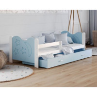 Dětská postel se šuplíkem MIKOLÁŠ - 190x80 cm - modro-bílá - měsíc a hvězdičky