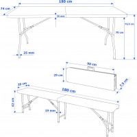 Cateringový set FETA WHITE - stůl 180 cm + 2 lavice