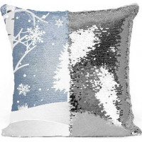 Flitrový povlak na polštář CHRISTMAS Zasněžená krajina 40x40 cm - modrý/stříbrný