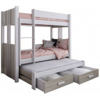 Dětská patrová postel z masivu borovice ARTEN III s přistýlkou a šuplíky - 200x90 cm - bílá/dub sonoma
