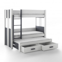 Dětská patrová postel z masivu borovice ARTEN III s přistýlkou a šuplíky - 200x90 cm - bílá/grafitová