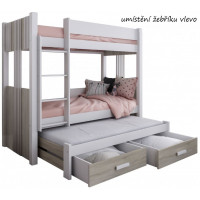 Dětská patrová postel z masivu borovice ARTEN III s přistýlkou a šuplíky - 200x90 cm - bílá/dub shetland