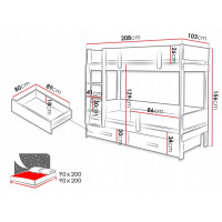 Dětská patrová postel z masivu borovice ETTORE se šuplíky - 200x90 cm - bílá/dub shetland