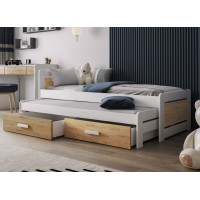 Dětská postel z masivu borovice TIESTO s přistýlkou a šuplíky - 200x90 cm - bílá/dub shetland