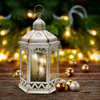 LED vánoční lucerna bílá, 33cm, 3x LED svíčka