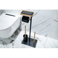 Držák toaletního papíru s WC štětku a poličkou - kov/bambus - černý