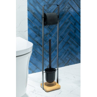 Držák toaletního papíru s WC štětkou - kov/bambus - černý