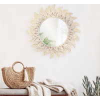 Kulaté zrcadlo s tkaným rámem BOHO shuriken 50 cm - bílé