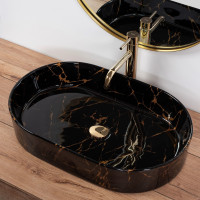 Keramické umyvadlo Rea NADIA 61 BLACK MARBLE SHINY - dekor kamene - černé