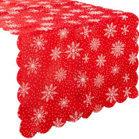 Vánoční běhoun na stůl 220x35 cm - Vločky - červený/stříbrný