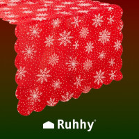 Vánoční běhoun na stůl 220x35 cm - Vločky - červený/stříbrný