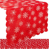 Vánoční běhoun na stůl 180x35 cm - Vločky - červený/stříbrný