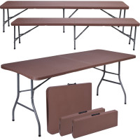 Set cateringového nábytku RATTAN - stůl 180 cm + 2 lavice - hnědý