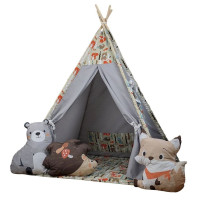 Dětský stan TEEPEE (TÝPÍ) ANIMALS s doplňky - LESNÍ ZVÍŘÁTKA - šedý/béžový