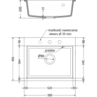 Kuchyňský granitový dřez MEXEN OSCAR - 58 x 49 cm - metalický černý/zlatý, 6519581000-75