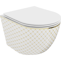 Závěsné WC MEXEN LENA RIMLESS - bílé/zlaté vzorované + Duroplast sedátko slim, 30224009
