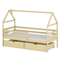 Dětská domečková postel se šuplíky AMOS - 200x90 cm - přírodní borovice