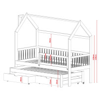 Dětská domečková postel s přistýlkou a šuplíky PIPER - 200x90 cm - přírodní borovice