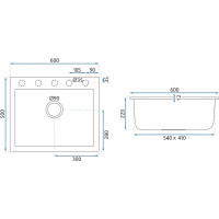 Kuchyňský granitový dřez REA WEST XL - 60 x 50 cm - metalický černý