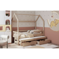 Dětská domečková postel z masivu borovice ASHER se šuplíky a přistýlkou - 180x80 cm - přírodní borovice
