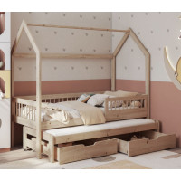 Dětská domečková postel z masivu borovice ASHER se šuplíky a přistýlkou - 200x90 cm - přírodní borovice