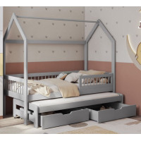Dětská domečková postel z masivu borovice ASHER se šuplíky a přistýlkou - 200x90 cm - šedá