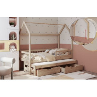 Dětská domečková postel z masivu borovice ASHER II se šuplíky a přistýlkou - 200x90 cm - přírodní borovice