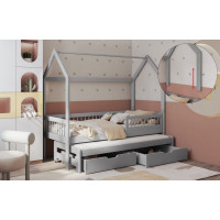 Dětská domečková postel z masivu borovice ASHER II se šuplíky a přistýlkou - 200x90 cm - šedá