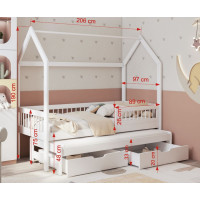 Dětská domečková postel z masivu borovice ASHER se šuplíky a přistýlkou - 200x90 cm - šedá
