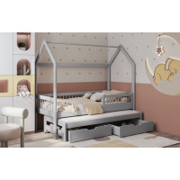 Dětská domečková postel z masivu borovice ASHER se šuplíky a přistýlkou - 180x80 cm - šedá