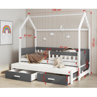 Dětská domečková postel z masivu borovice JASPER se šuplíky a přistýlkou - 180x80 cm - bílá/antracit