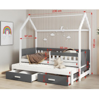 Dětská domečková postel z masivu borovice JASPER se šuplíky a přistýlkou - 200x90 cm - grafit/bílá