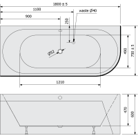 Polysan VIVA L MONOLITH asymetrická vana 180x75x60cm, bílá/černá 72099MB