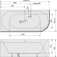 Polysan VIVA L MONOLITH asymetrická vana 170x75x60cm, bílá/černá 70119MB