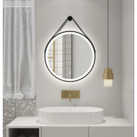 Aqualine STAGO kulaté zrcadlo s LED osvětlením ø 60cm, kožený pásek, dotykový senzor, stmívatelné, černá mat SG060