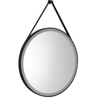 Aqualine STAGO kulaté zrcadlo s LED osvětlením ø 60cm, kožený pásek, dotykový senzor, stmívatelné, černá mat SG060