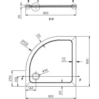 Aqualine TECMI sprchová vanička z litého mramoru, čtvrtkruh 80x80x3cm, R55 PQ558