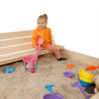 SAND TROPIC Dřevěné pískoviště s lavičkami a příslušenstvím 100x100 cm (přírodní)